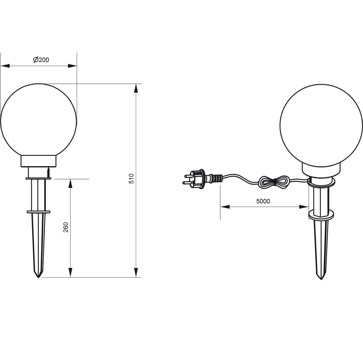 LED Lampe à Piquer avec Prise - Trion Lobo - Douille E27 - Étanche IP44 - Noir - Plastique - Ø200