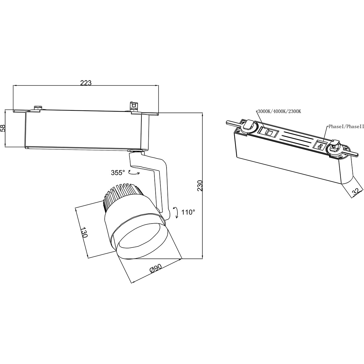 Éclairage sur rail LED - Spot sur Rail - Trion Dual Radina - 2 Phases - 15W - Couleur de lumière ajustable - Dimmable - Rond - Mat Blanc - Aluminium