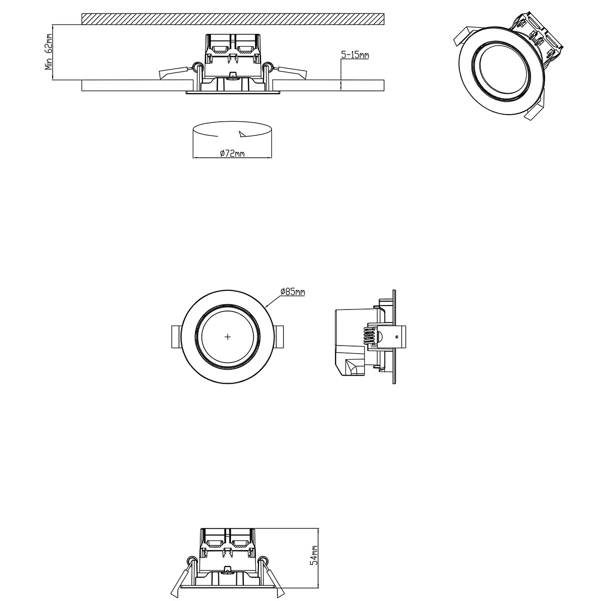 Pack de 3 Spots LED - Spot Encastré - Trion Paniro - Rond 5W - Dimmable - Blanc Chaud 3000K - Mat Chrome - Aluminium - Ø80mm