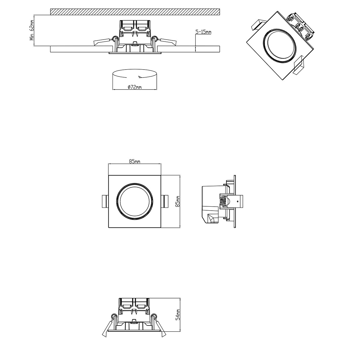 Pack de 3 Spots LED - Spot Encastré - Trion Paniro - Carré 5W - Dimmable - Blanc Chaud 3000K - Mat Nickel - Aluminium - 80mm