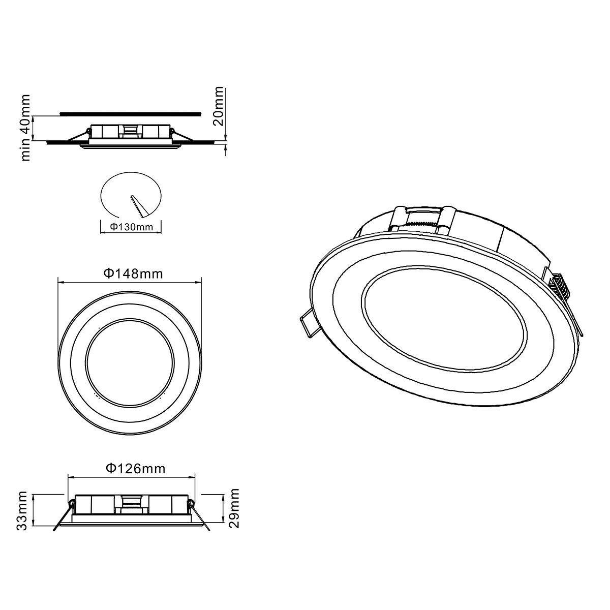 Spot LED - Spot Encastré - Trion Cynomi - 10W - Blanc Chaud 3000K - Rond - Mat Noir - Plastique - Ø140mm