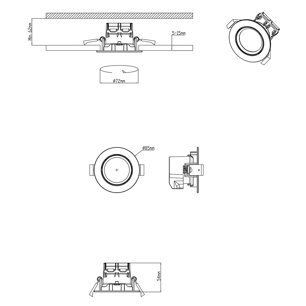 Spot LED - Spot Encastré - Trion Paniro - Rond 5W - Dimmable - Blanc Chaud 3000K - Mat Noir - Aluminium - Ø80mm