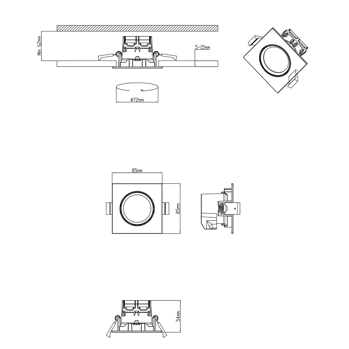 Spot LED - Spot Encastré - Trion Paniro - Carré 5W - Dimmable - Blanc Chaud 3000K - Mat Chrome - Aluminium - 80mm