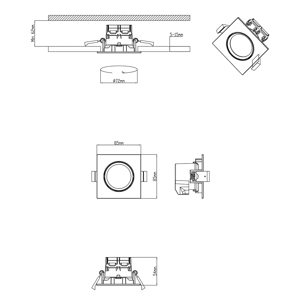 Spot LED - Spot Encastré - Trion Paniro - Carré 5W - Dimmable - Blanc Chaud 3000K - Mat Blanc - Aluminium - 80mm