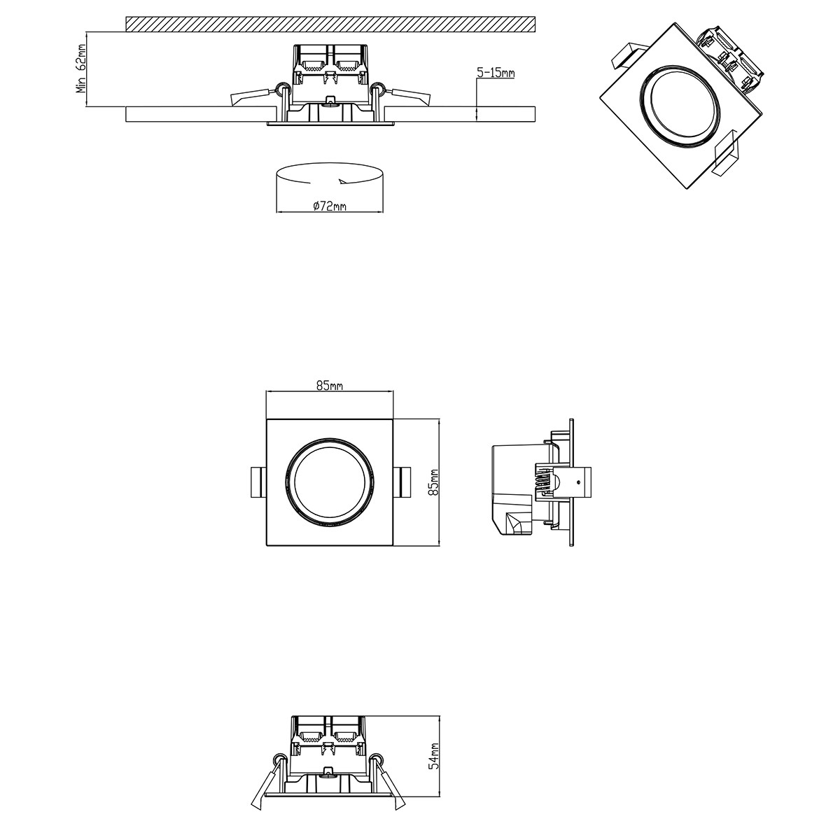 Spot LED - Spot Encastré - Trion Paniro - Carré 5W - Dimmable - Blanc Chaud 3000K - Mat Noir - Aluminium - 80mm