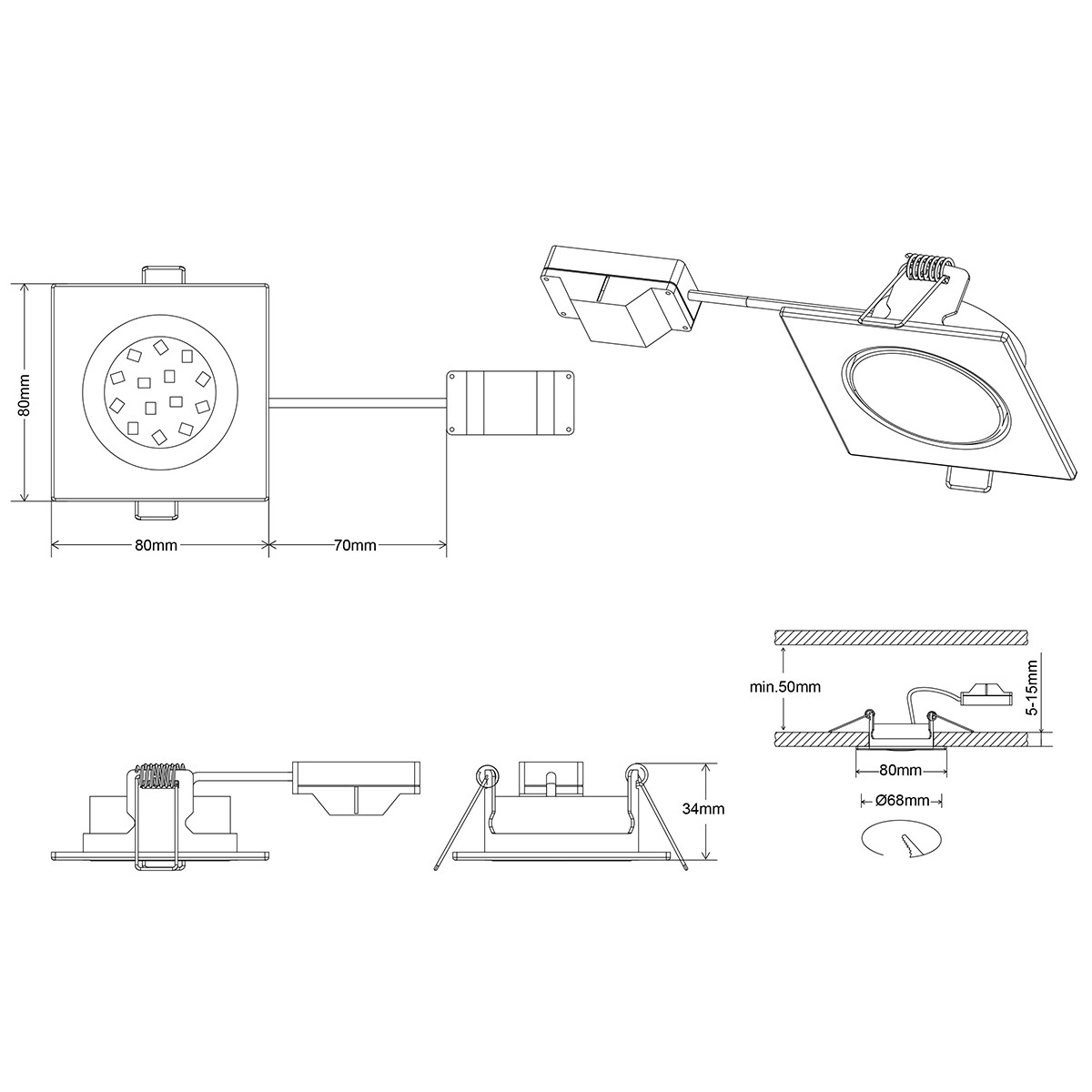 Spot LED - Spot Encastré - Trion Roluno - 5W - Blanc Chaud 3000K - Carré - Mat Nickel - Aluminium