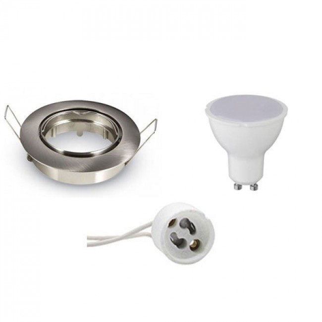 Set de spots LED - Aigi - Douille GU10 - Rond Encastré - Mat Chrome - 8W - Blanc Chaud 3000K - Inclinable Ø82mm