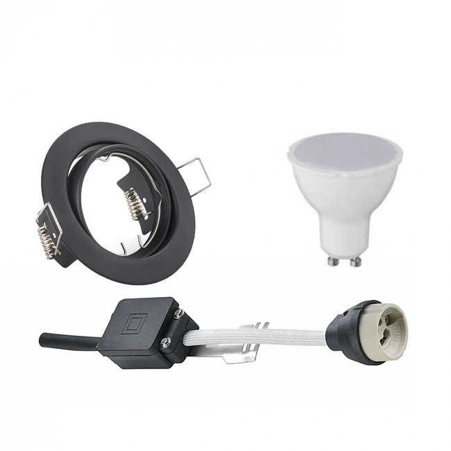 Set de spots LED - Aigi - Trion - Douille GU10 - Rond Encastré - Mat Noir - 6W - Blanc Froid 6400K - Inclinable Ø83mm