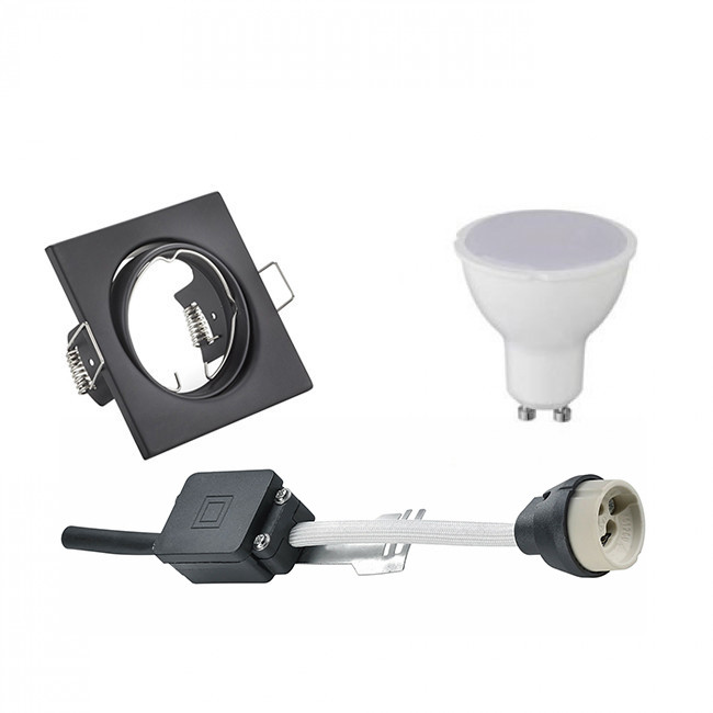 Set de spots LED - Trion - Douille GU10 - Carré Encastré - Mat Noir - 4W - Blanc Chaud 3000K - Inclinable 80mm