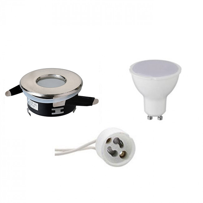 Set de spots LED - Aigi - Douille GU10 - Étanche IP65 - Rond Encastré - Mat Chrome - 6W - Blanc Froid 6400K - Ø82mm