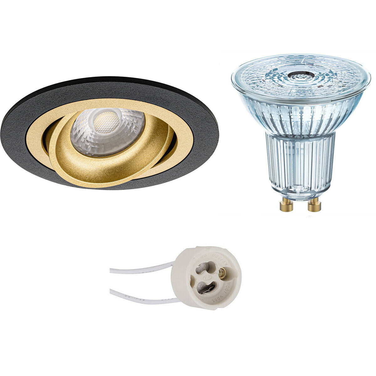 Set de spots LED - LEDVANCE Parathom PAR16 940 36D - Pragmi Alpin Pro - Douille GU10 - Dimmable - Rond Encastré - Mat Noir/Or - 4.5W - Blanc Neutre 4000K - Inclinable Ø92mm