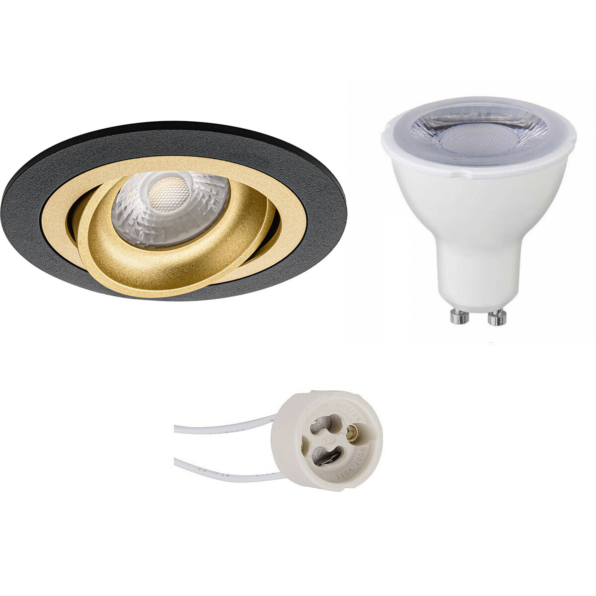 Set de spots LED - Pragmi Alpin Pro - Douille GU10 - Dimmable - Rond Encastré - Mat Noir/Or - 6W - Blanc Froid 6400K - Inclinable Ø92mm