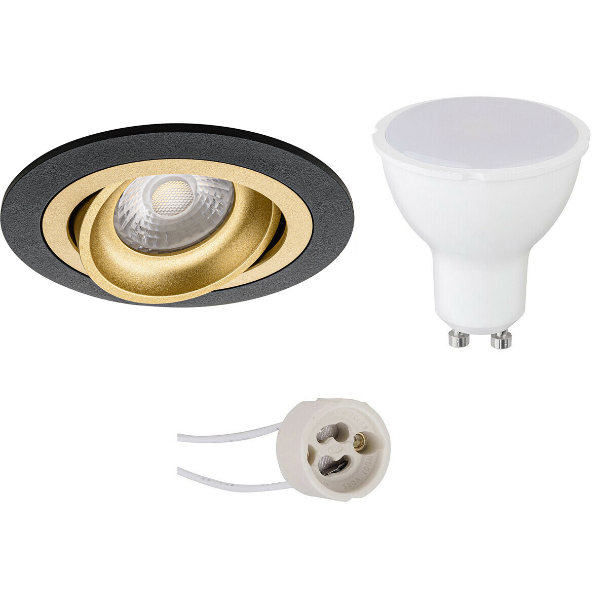 Set de spots LED - Pragmi Alpin Pro - Douille GU10 - Rond Encastré - Mat Noir/Or - 4W - Blanc Froid 6400K - Inclinable Ø92mm