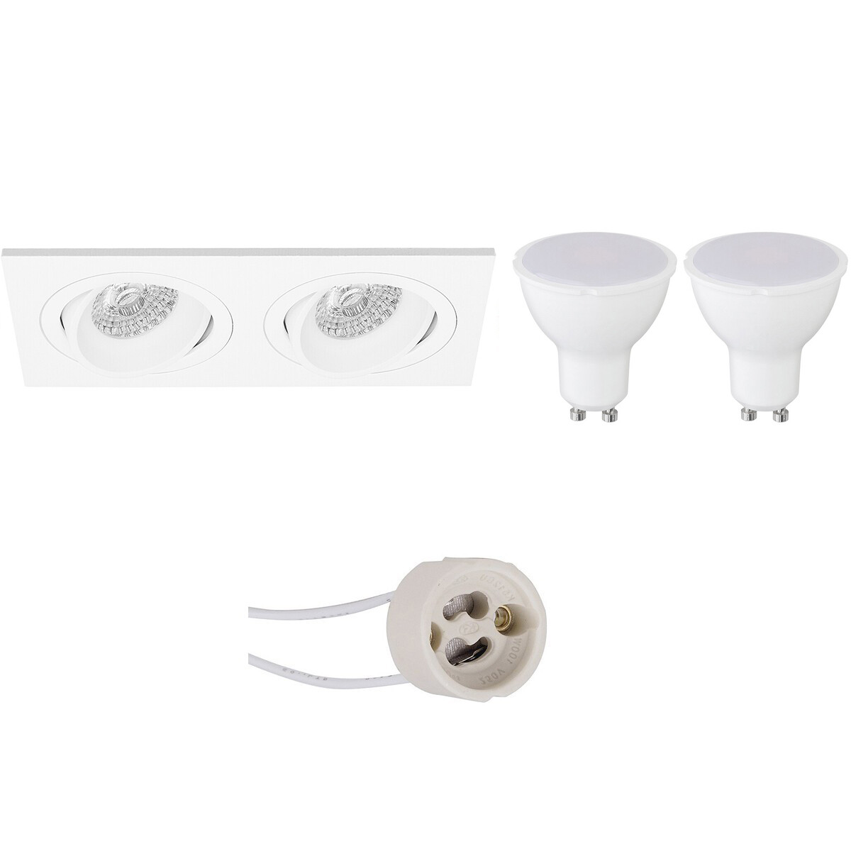 Set de spots LED - Pragmi Borny Pro - Douille GU10 - Dimmable - Double Rectangulaire Encastré - Mat Blanc - 6W - Blanc Neutre 4200K - Inclinable - 175x92mm