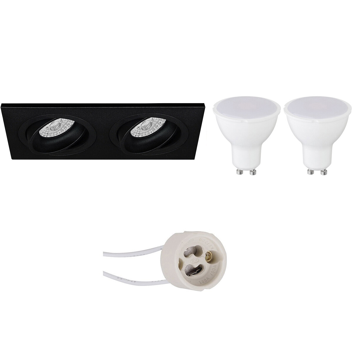 Set de spots LED - Pragmi Borny Pro - Douille GU10 - Double Rectangulaire Encastré - Mat Noir - 4W - Blanc Chaud 3000K - Inclinable - 175x92mm