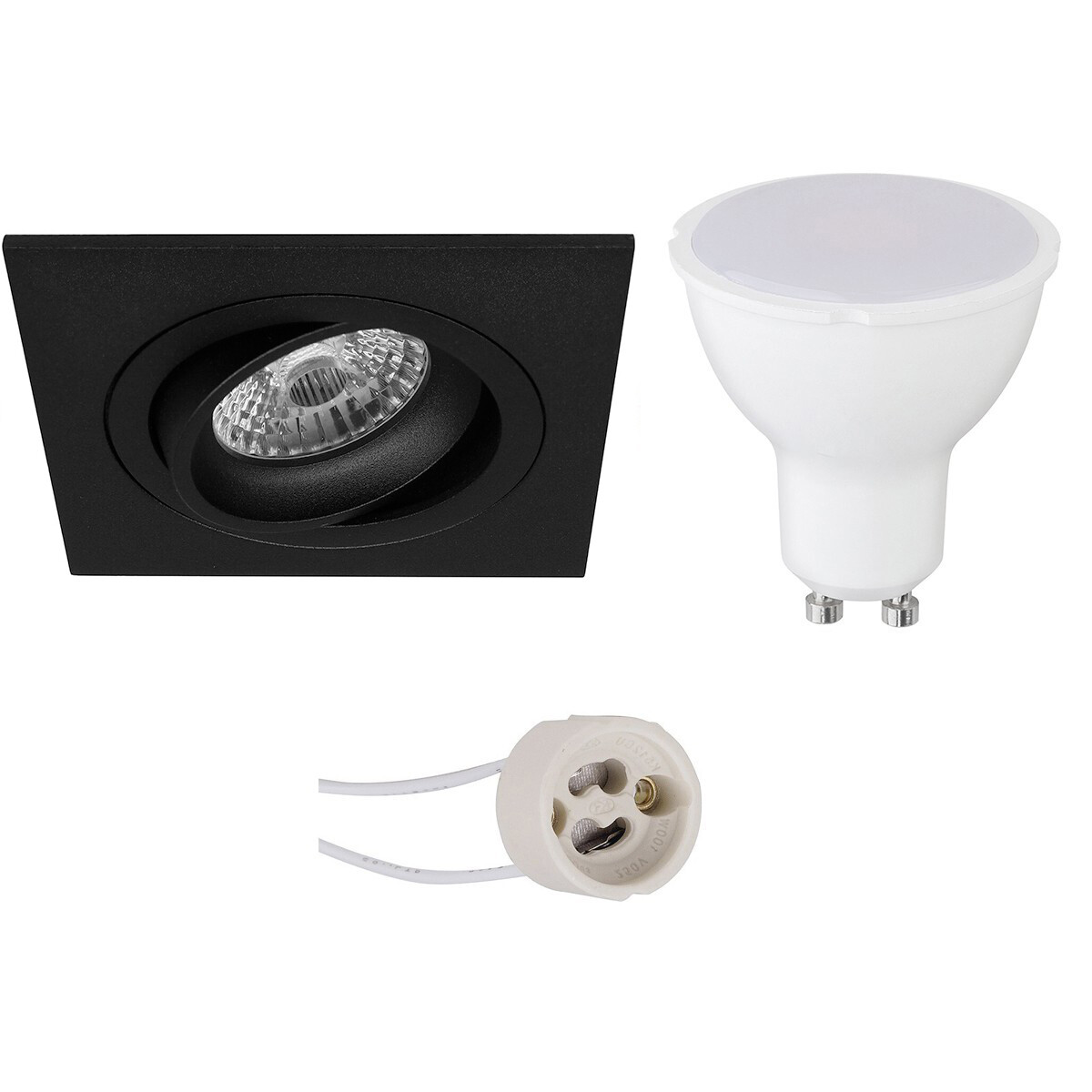 Set de spots LED - Pragmi Borny Pro - Douille GU10 - Carré Encastré - Mat Noir - 4W - Blanc Neutre 4200K - Inclinable - 92mm