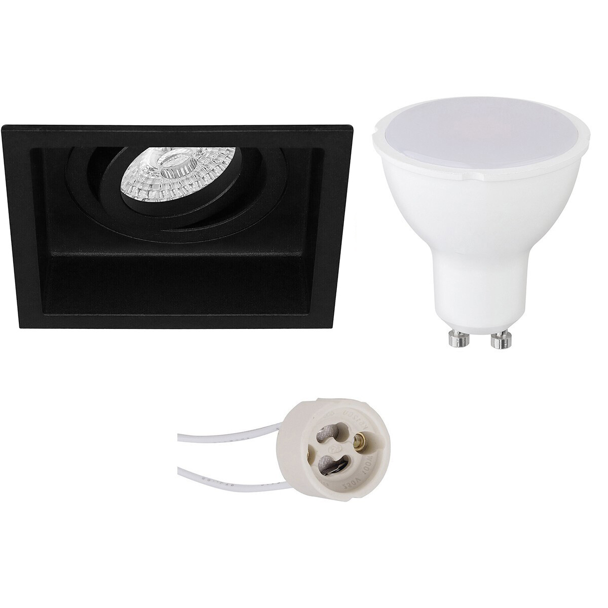 Set de spots LED - Pragmi Domy Pro - Douille GU10 - Carré Encastré - Mat Noir - 4W - Blanc Chaud 3000K - Encastré - Inclinable - 105mm