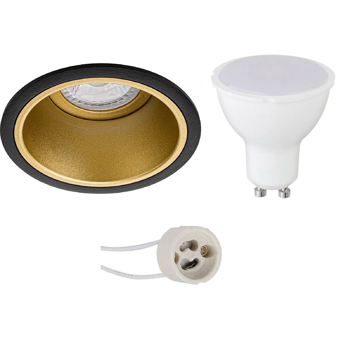 Set de spots LED - Pragmi Minko Pro - Douille GU10 - Rond Encastré - Mat Noir/Or - 4W - Blanc Chaud 3000K - Encastré - Ø90mm