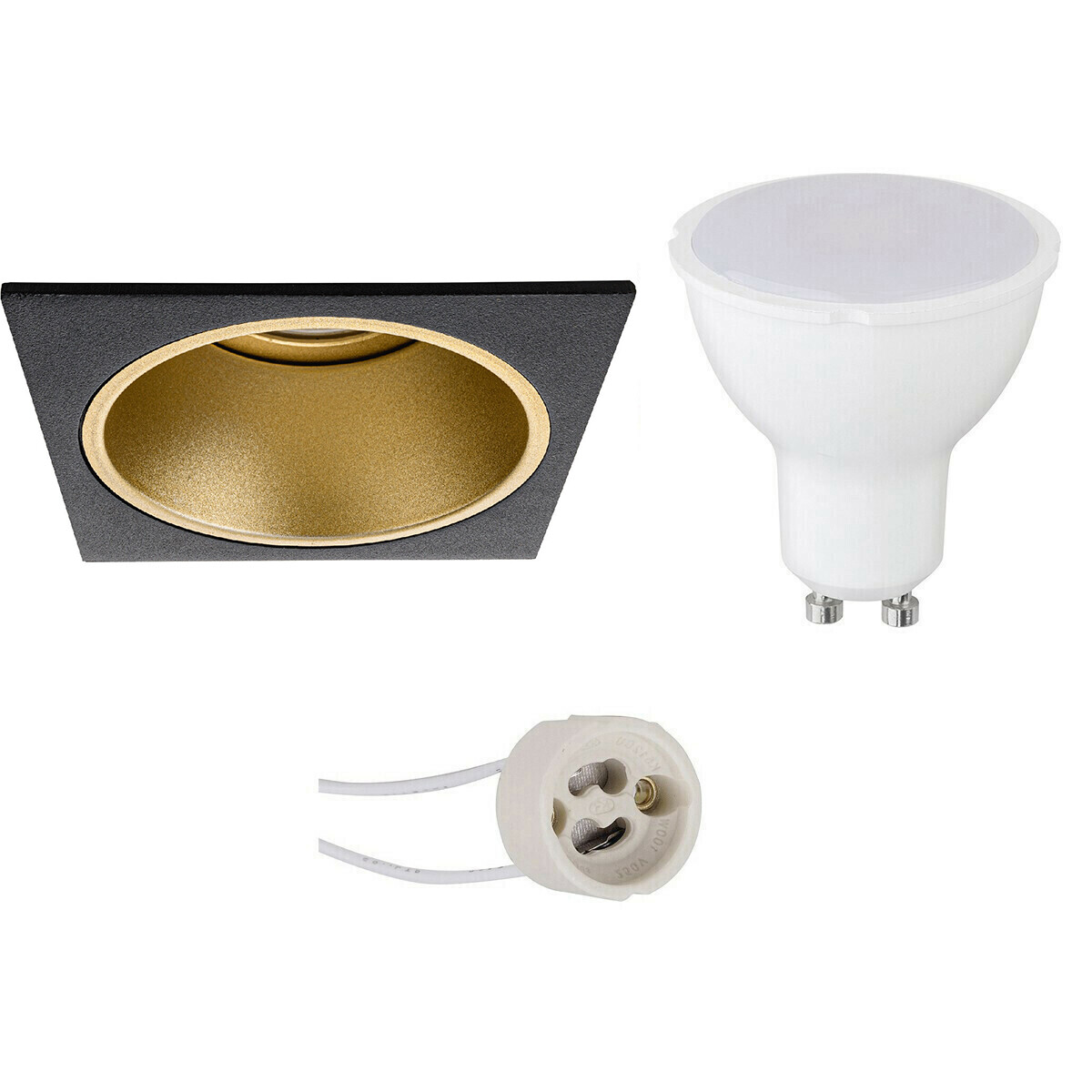 Set de spots LED - Pragmi Minko Pro - Douille GU10 - Carré Encastré - Mat Noir/Or - 4W - Blanc Neutre 4200K - Encastré - 90mm