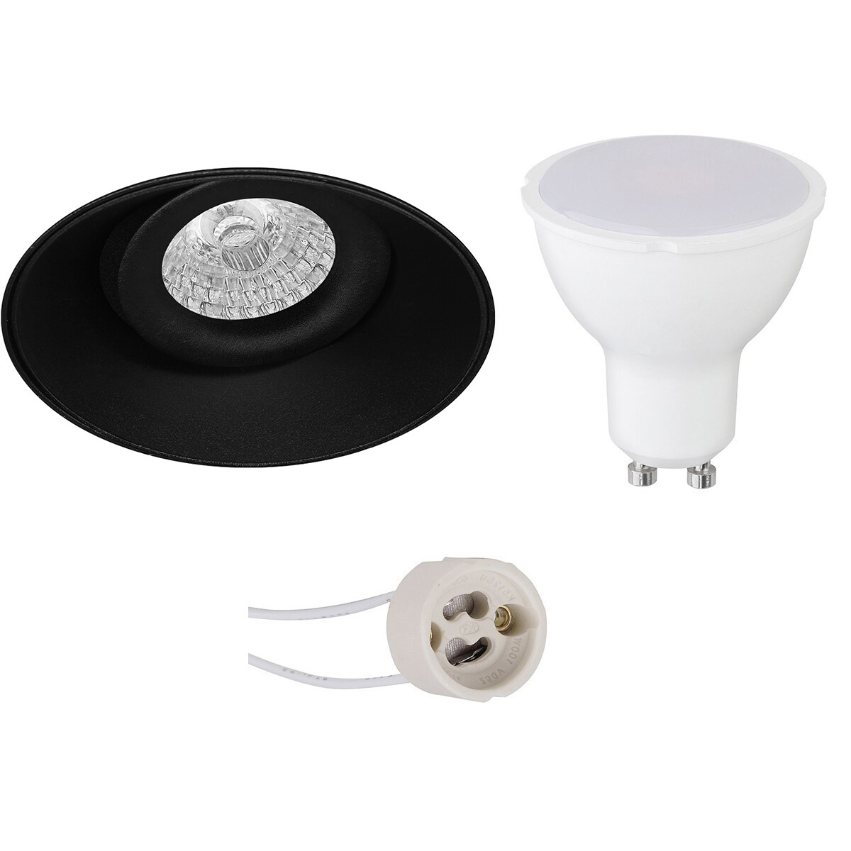 Set de spots LED - Pragmi Nivas Pro - Douille GU10 - Rond Encastré - Mat Noir - 4W - Blanc Chaud 3000K - Sans Cadre - Inclinable - Ø150mm