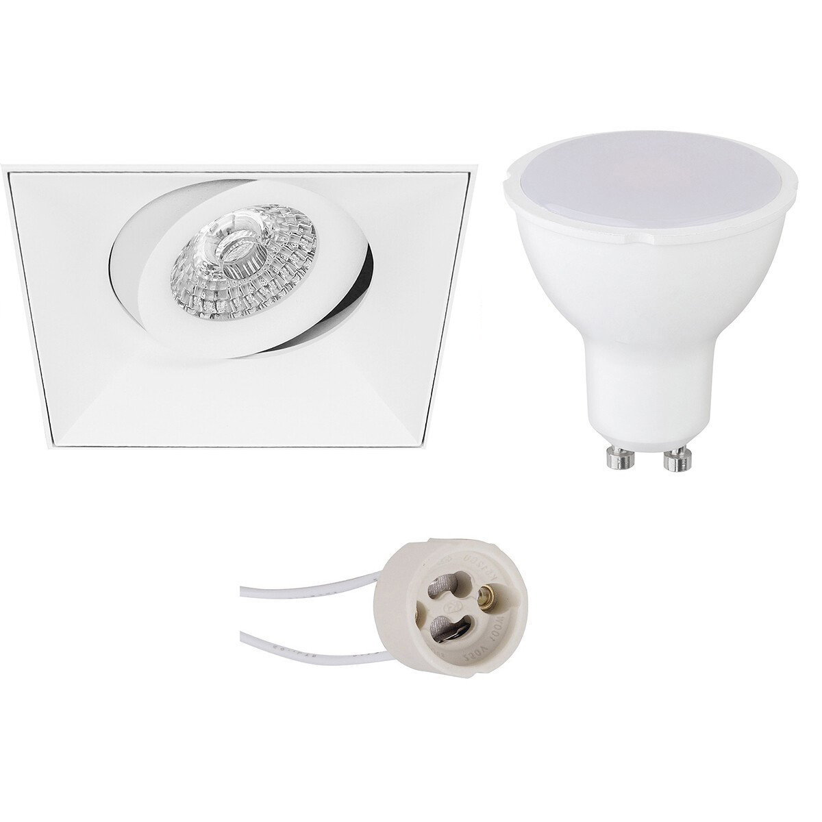 Set de spots LED - Pragmi Nivas Pro - Douille GU10 - Carré Encastré - Mat Blanc - 4W - Blanc Chaud 3000K - Sans Cadre - Inclinable - 150mm