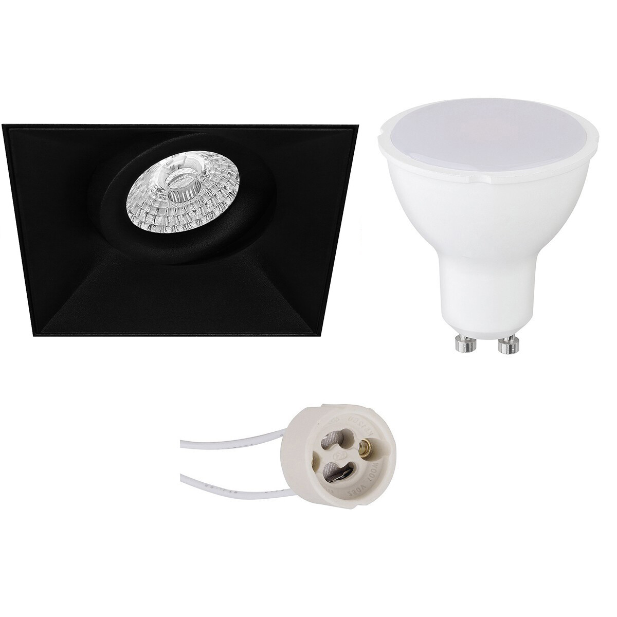 Set de spots LED - Pragmi Nivas Pro - Douille GU10 - Carré Encastré - Mat Noir - 4W - Blanc Chaud 3000K - Sans Cadre - Inclinable - 150mm