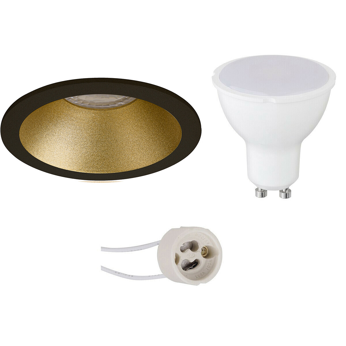 Set de spots LED - Pragmi Pollon Pro - Douille GU10 - Rond Encastré - Mat Noir/Or - 4W - Blanc Chaud 3000K - Encastré - Ø82mm