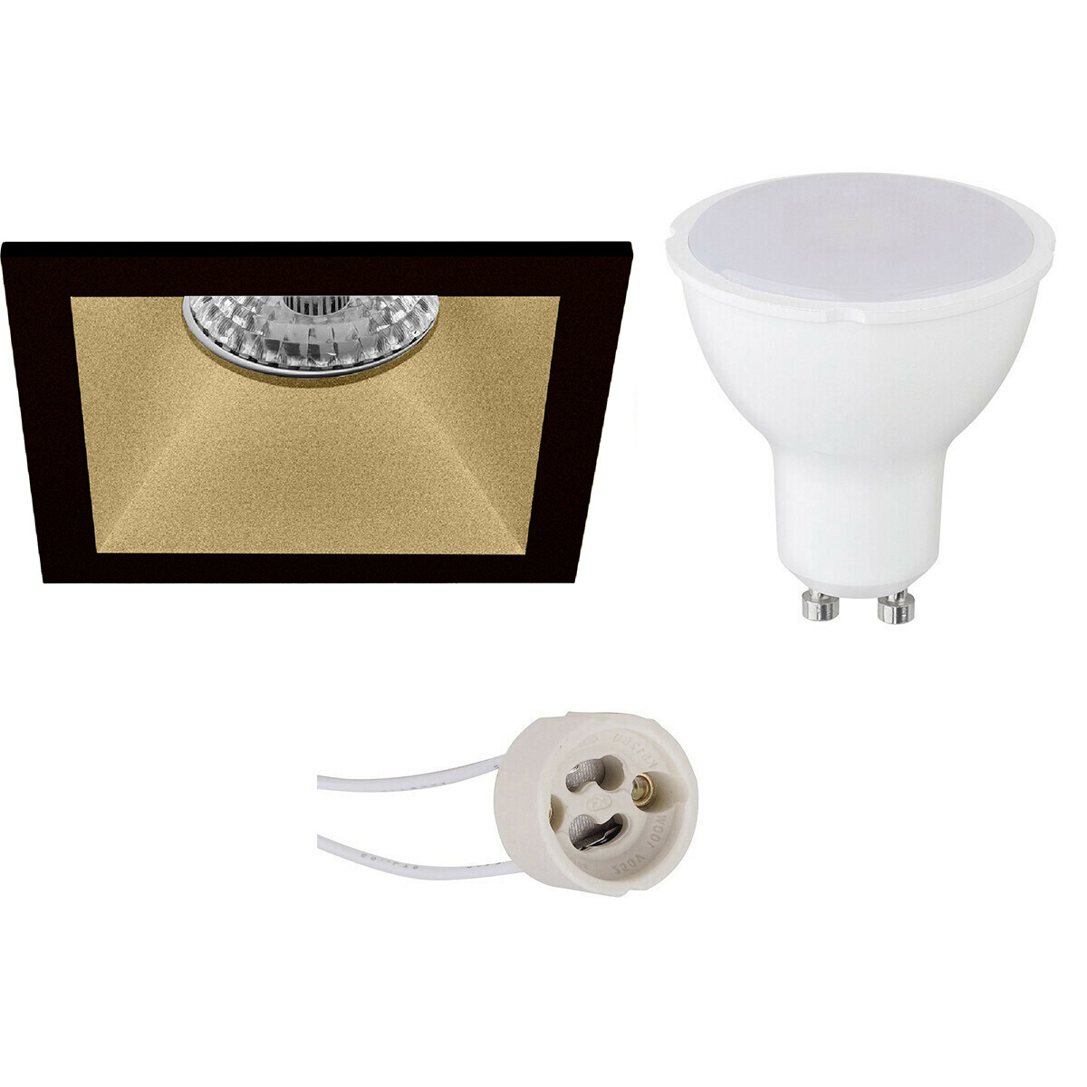 Set de spots LED - Pragmi Pollon Pro - Douille GU10 - Carré Encastré - Mat Noir/Or - 4W - Blanc Chaud 3000K - Encastré - 82mm