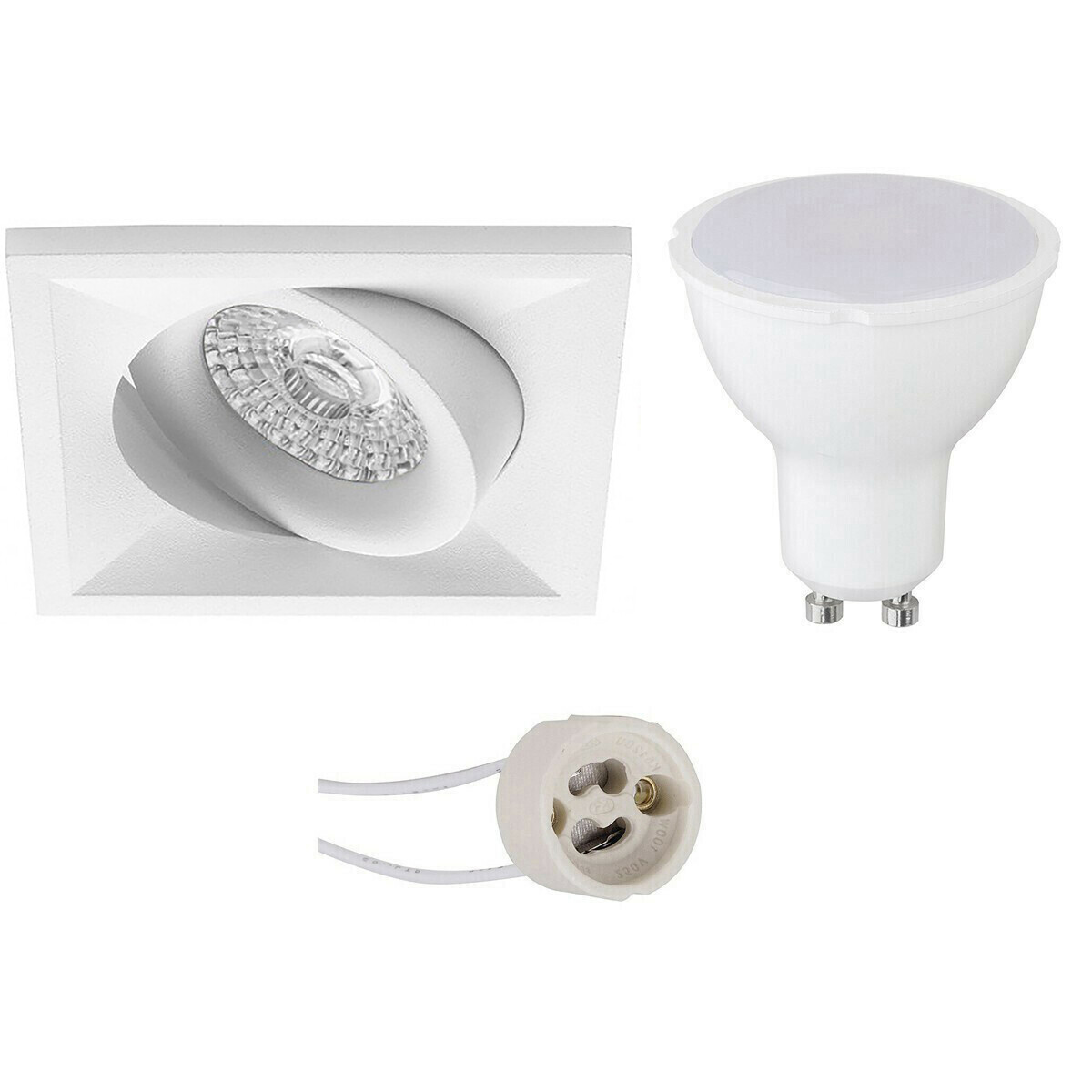 Set de spots LED - Pragmi Qiundo Pro - Douille GU10 - Carré Encastré - Mat Blanc - 4W - Blanc Chaud 3000K - Inclinable - 80mm