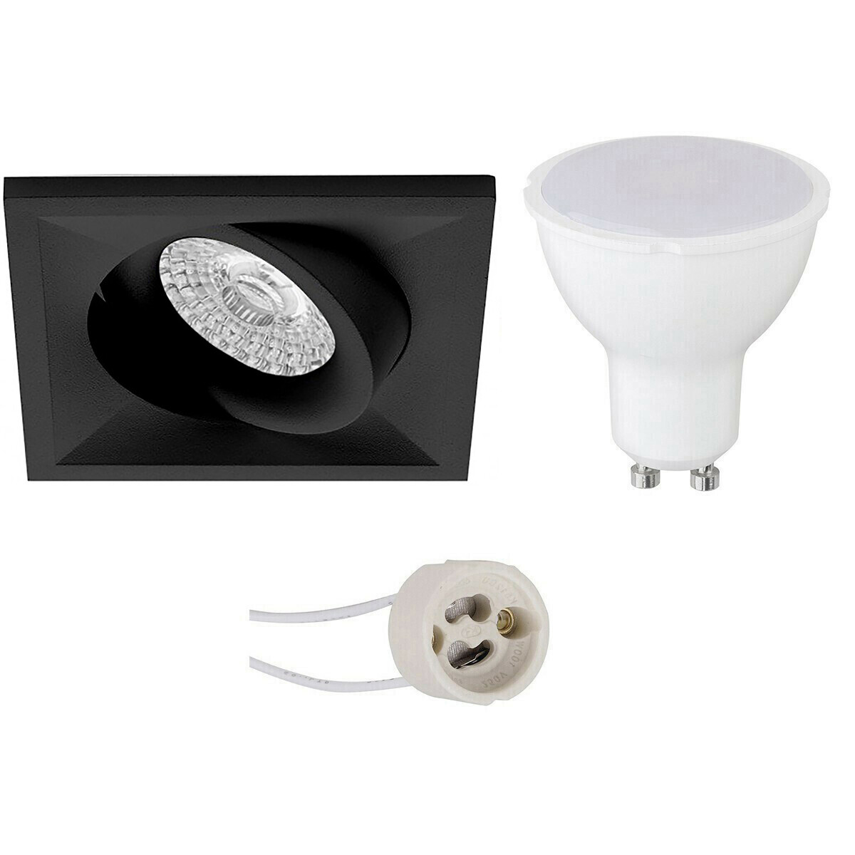 Set de spots LED - Pragmi Qiundo Pro - Douille GU10 - Carré Encastré - Mat Noir - 4W - Blanc Chaud 3000K - Inclinable - 80mm