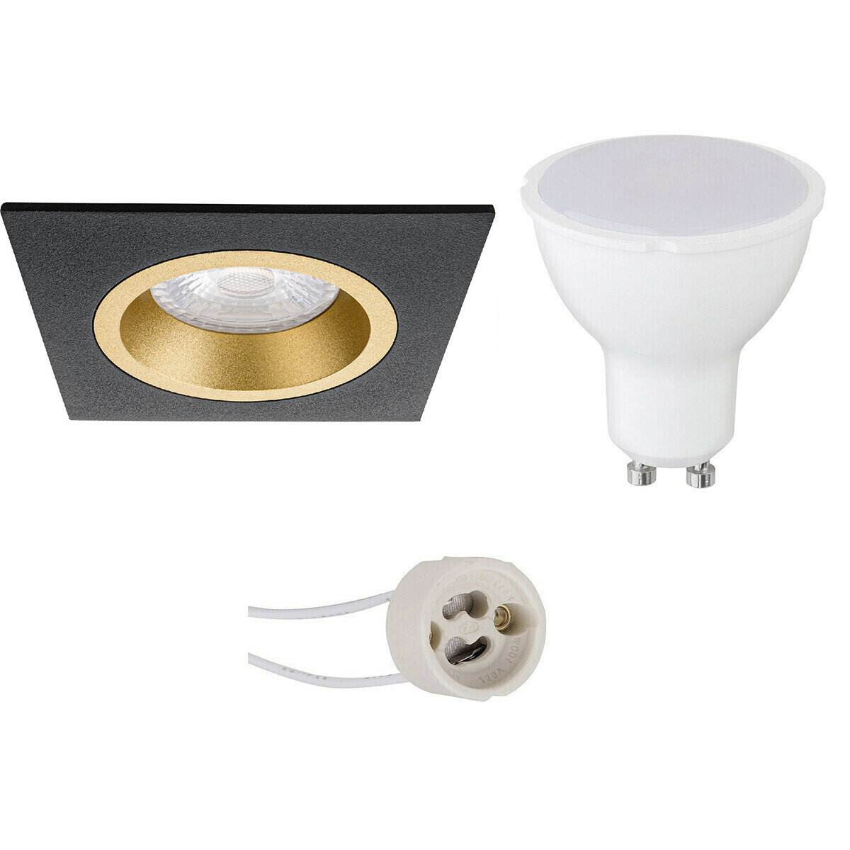 Set de spots LED - Pragmi Rodos Pro - Douille GU10 - Dimmable - Carré Encastré - Mat Noir/Or - 6W - Blanc Neutre 4200K - 93mm