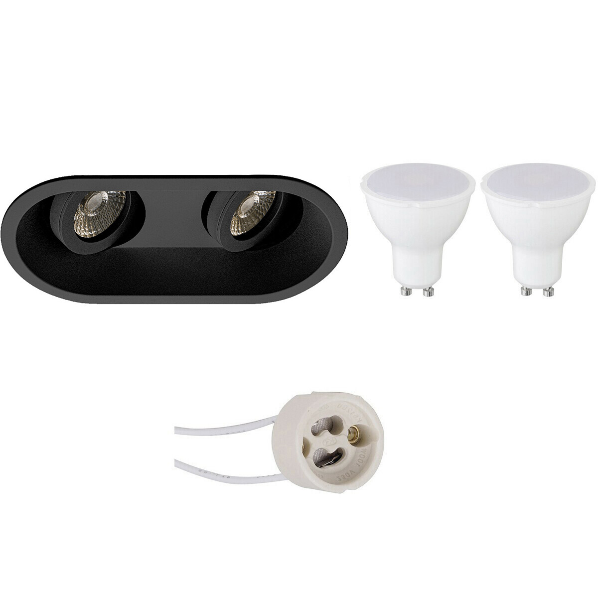 Set de spots LED - Pragmi Zano Pro - Douille GU10 - Double Ovale Encastré - Mat Noir - 4W - Blanc Chaud 3000K - Inclinable - 185x93mm