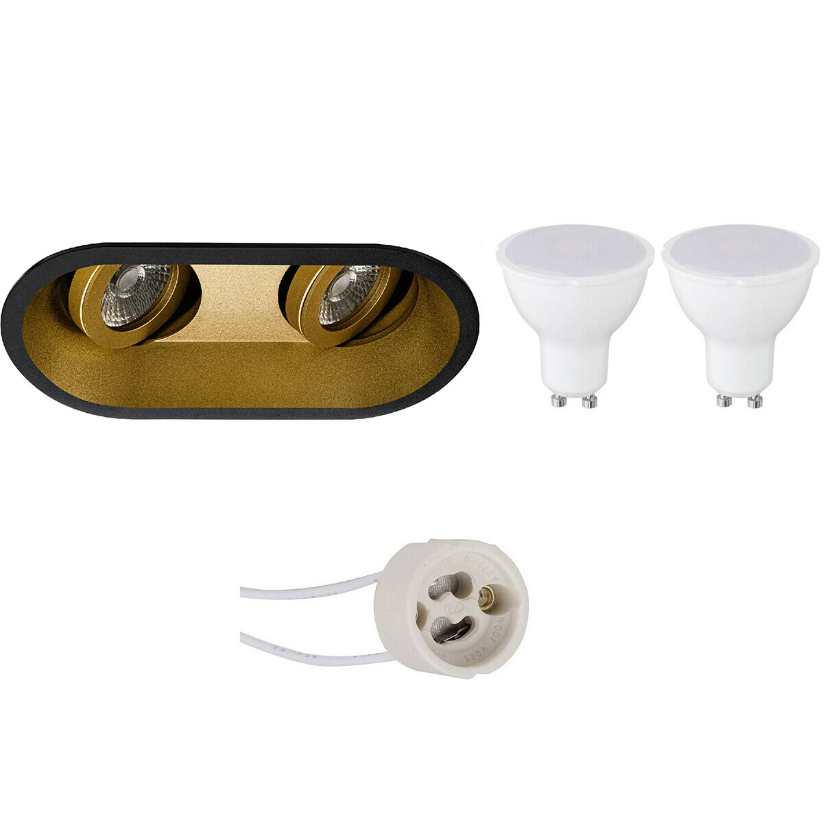 Set de spots LED - Pragmi Zano Pro - Douille GU10 - Dimmable - Double Ovale Encastré - Mat Noir/Or - 6W - Blanc Neutre 4200K - Inclinable - 185x93mm