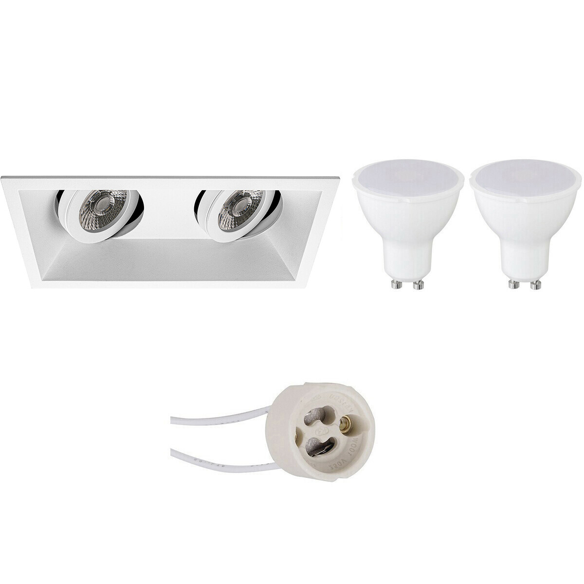 Set de spots LED - Pragmi Zano Pro - Douille GU10 - Double Rectangulaire Encastré - Mat Blanc - 4W - Blanc Chaud 3000K - Inclinable - 185x93mm