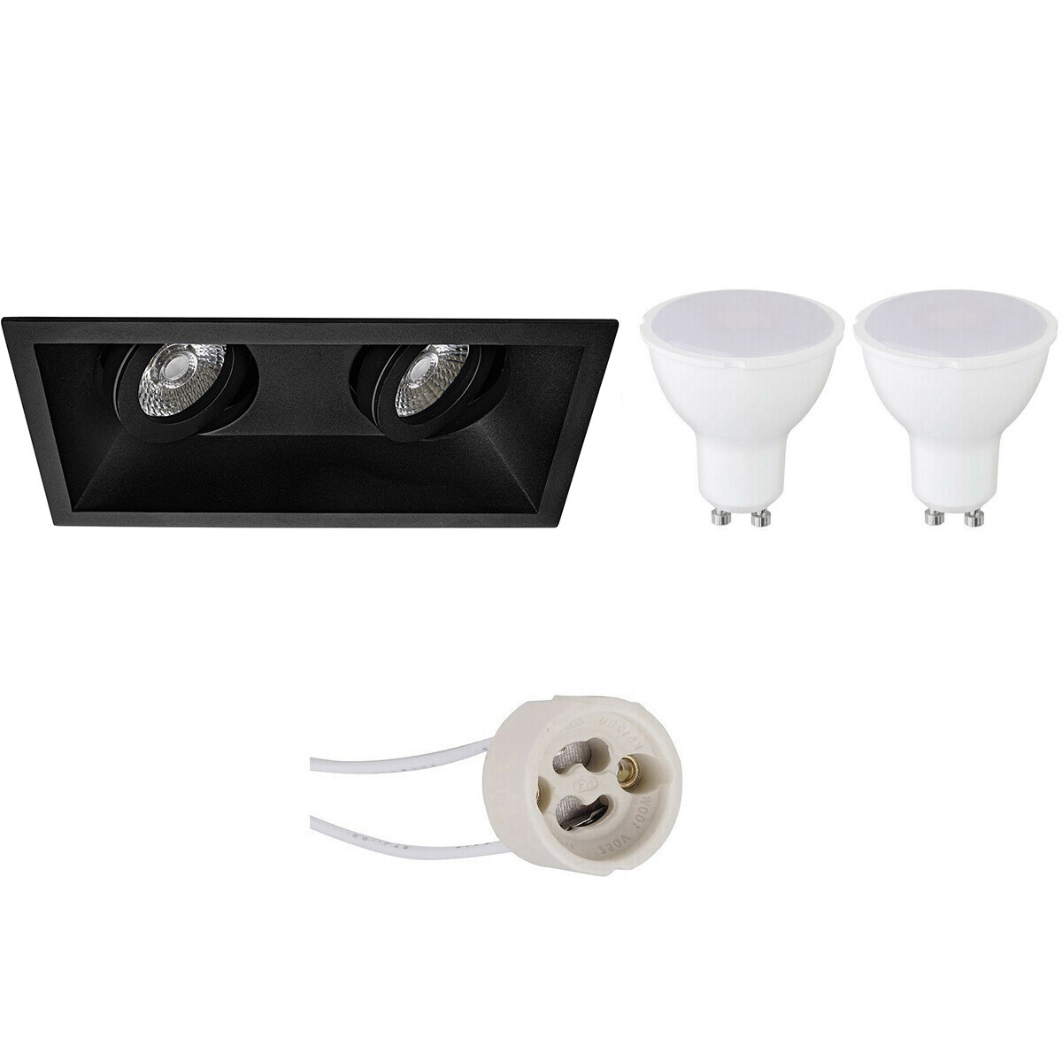 Set de spots LED - Pragmi Zano Pro - Douille GU10 - Double Rectangulaire Encastré - Mat Noir - 4W - Blanc Chaud 3000K - Inclinable - 185x93mm