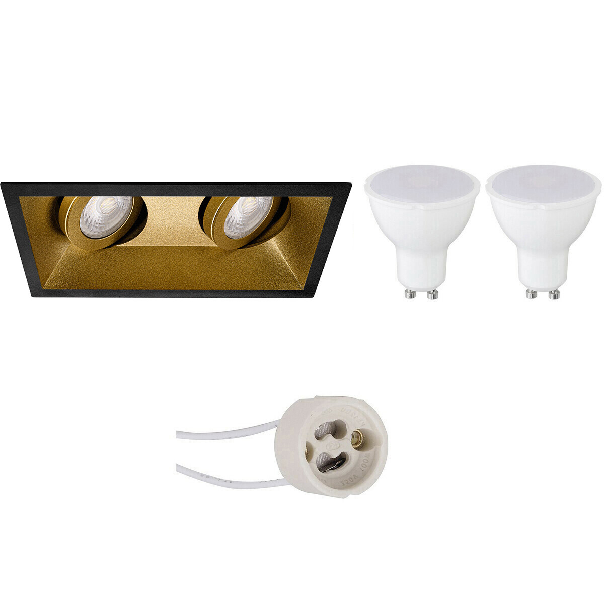 Set de spots LED - Pragmi Zano Pro - Douille GU10 - Double Rectangulaire Encastré - Mat Noir/Or - 4W - Blanc Chaud 3000K - Inclinable - 185x93mm