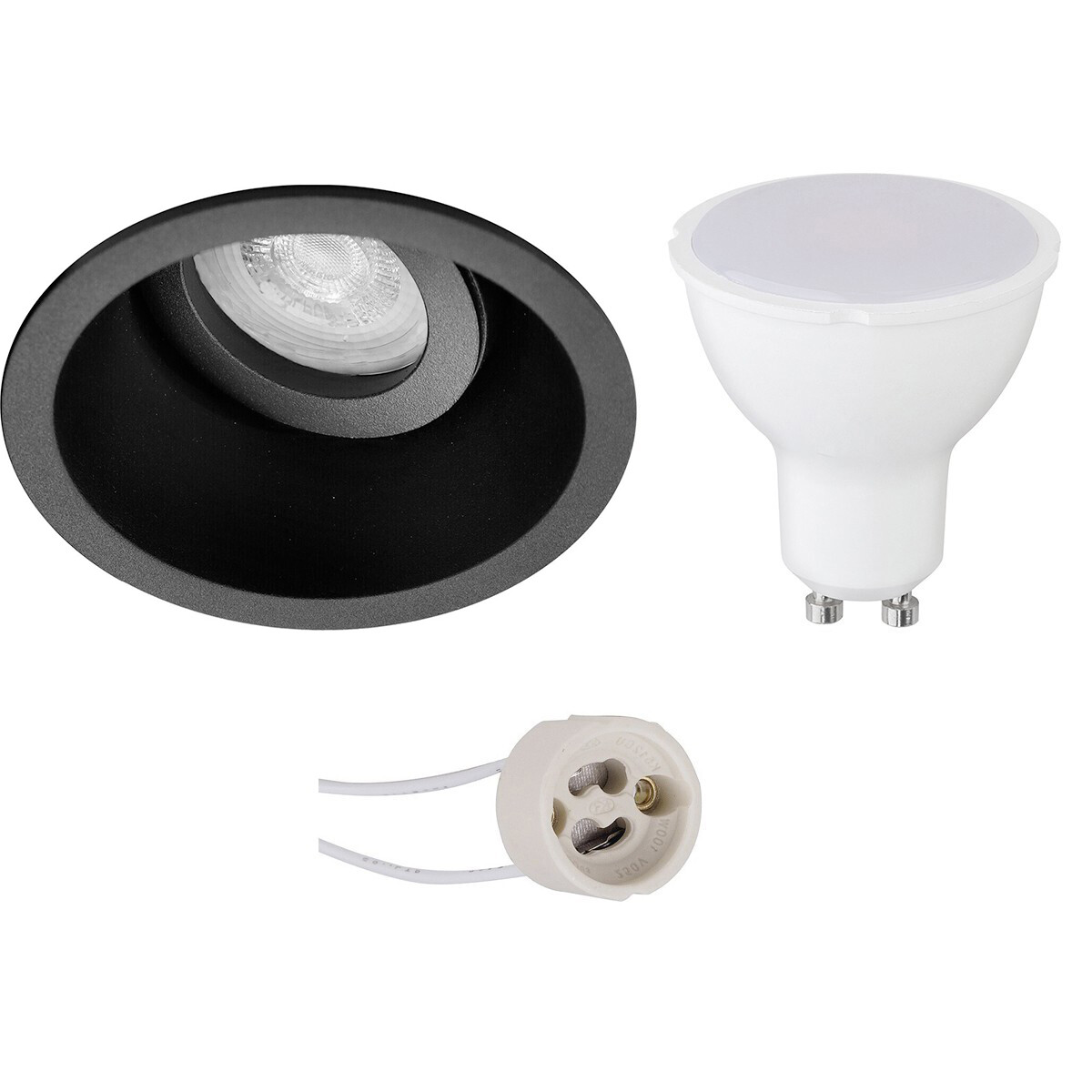 Set de spots LED - Pragmi Zano Pro - Douille GU10 - Rond Encastré - Mat Noir - 4W - Blanc Chaud 3000K - Inclinable - Ø93mm