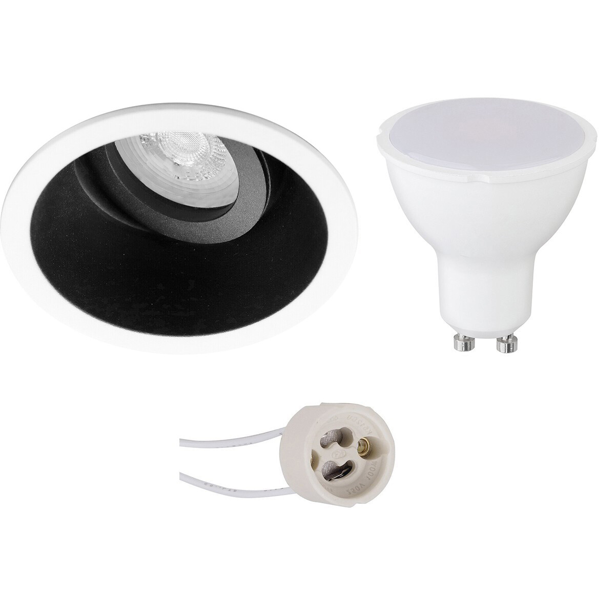 Set de spots LED - Pragmi Zano Pro - Douille GU10 - Rond Encastré - Mat Noir/Blanc - 4W - Blanc Chaud 3000K - Inclinable - Ø93mm