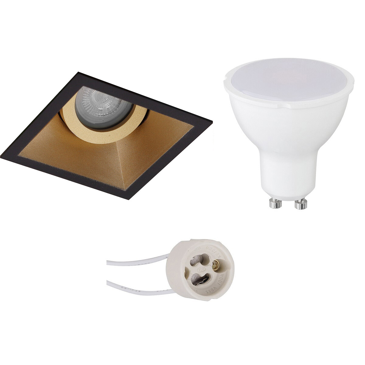 Set de spots LED - Pragmi Zano Pro - Douille GU10 - Carré Encastré - Mat Noir/Or - 4W - Blanc Froid 6400K - Inclinable - 93mm