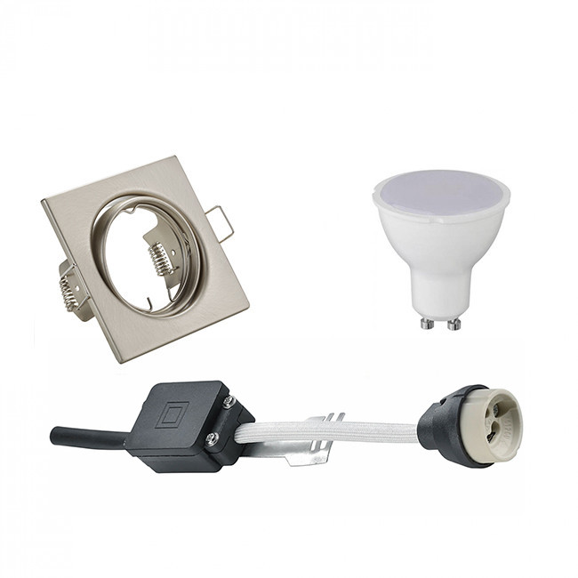 Set de spots LED - Aigi - Trion - Douille GU10 - Carré Encastré - Mat Nickel - 6W - Blanc Froid 6400K - Inclinable 80mm