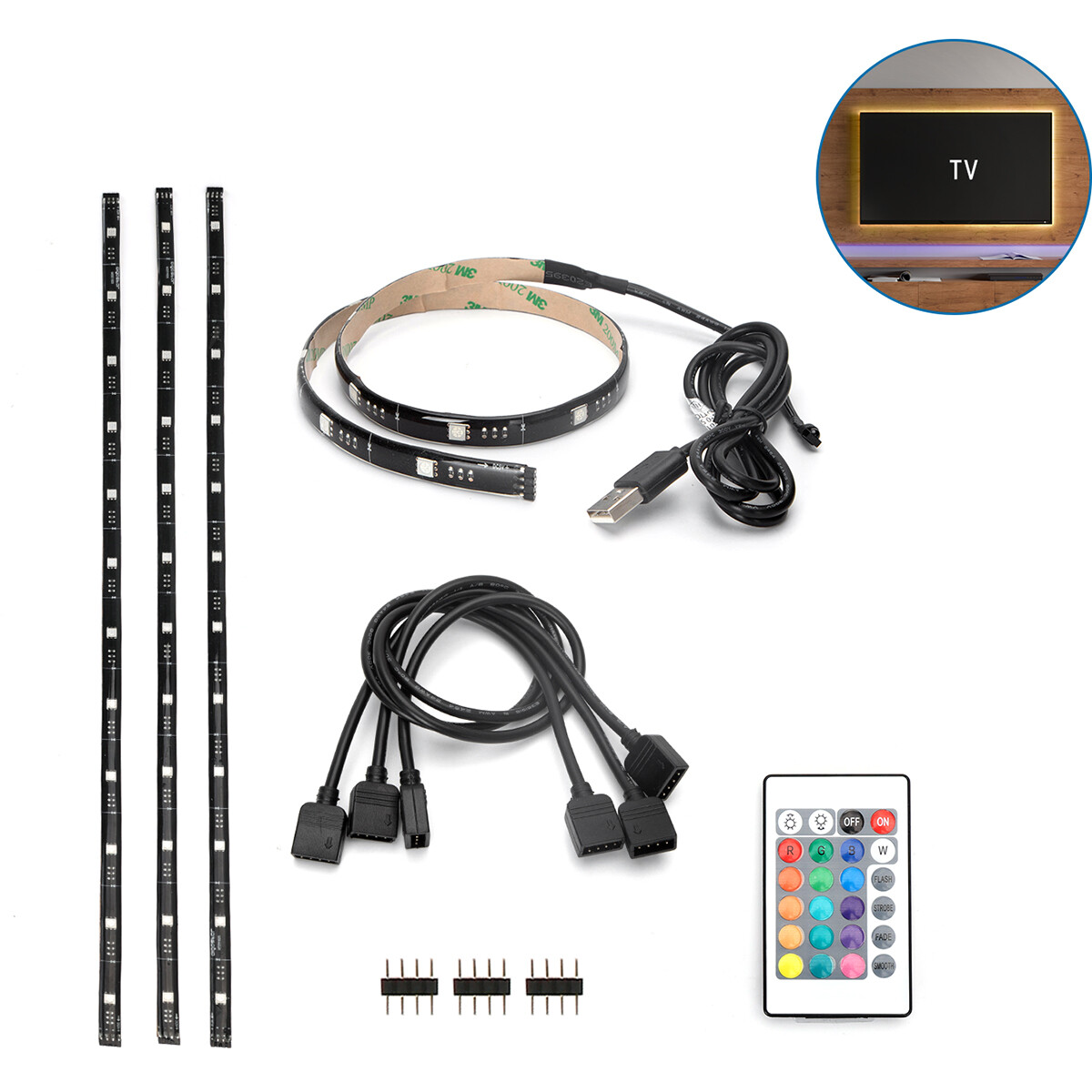 Ensemble de Bande LED Rétroéclairage TV - Aigi Stippi - 4x0.5 Mètres - RGB - Alimentation USB - Télécommande - 5V