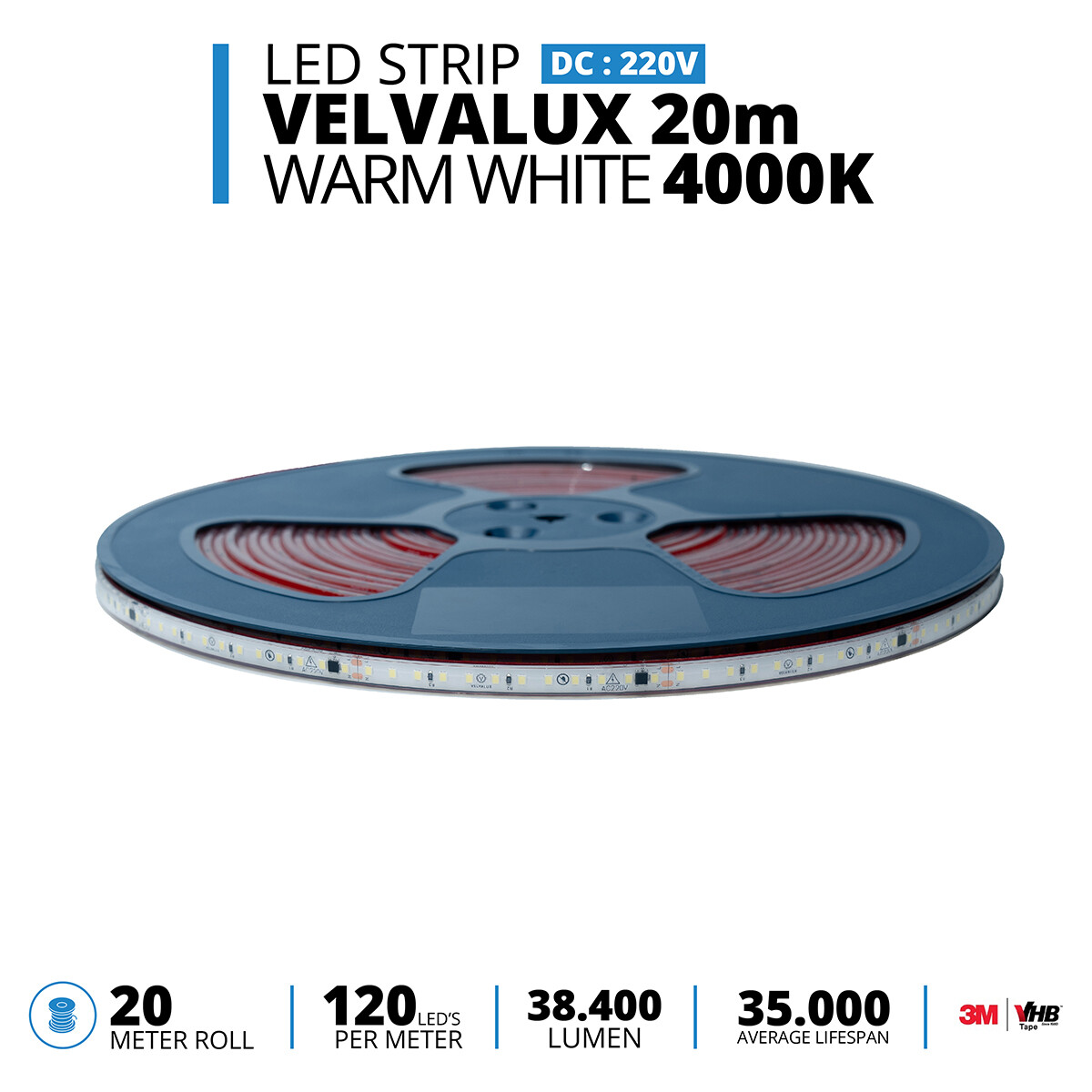 Bande LED - Velvalux - 20 Mètres - Blanc Naturel 4000K - Dimmable - Étanche IP67 - 38400 Lumens - 2400 LEDs - Connexion Directe au Secteur - Fonctionne sans Driver