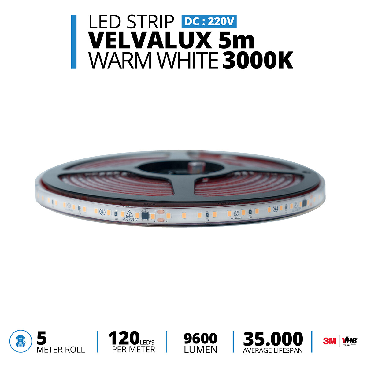 Bande LED - Velvalux - 5 Mètres - Blanc Chaud 3000K - Dimmable - Étanche IP67 - 9600 Lumens - 600 LEDs - Connexion Directe au Secteur - Fonctionne sans Driver