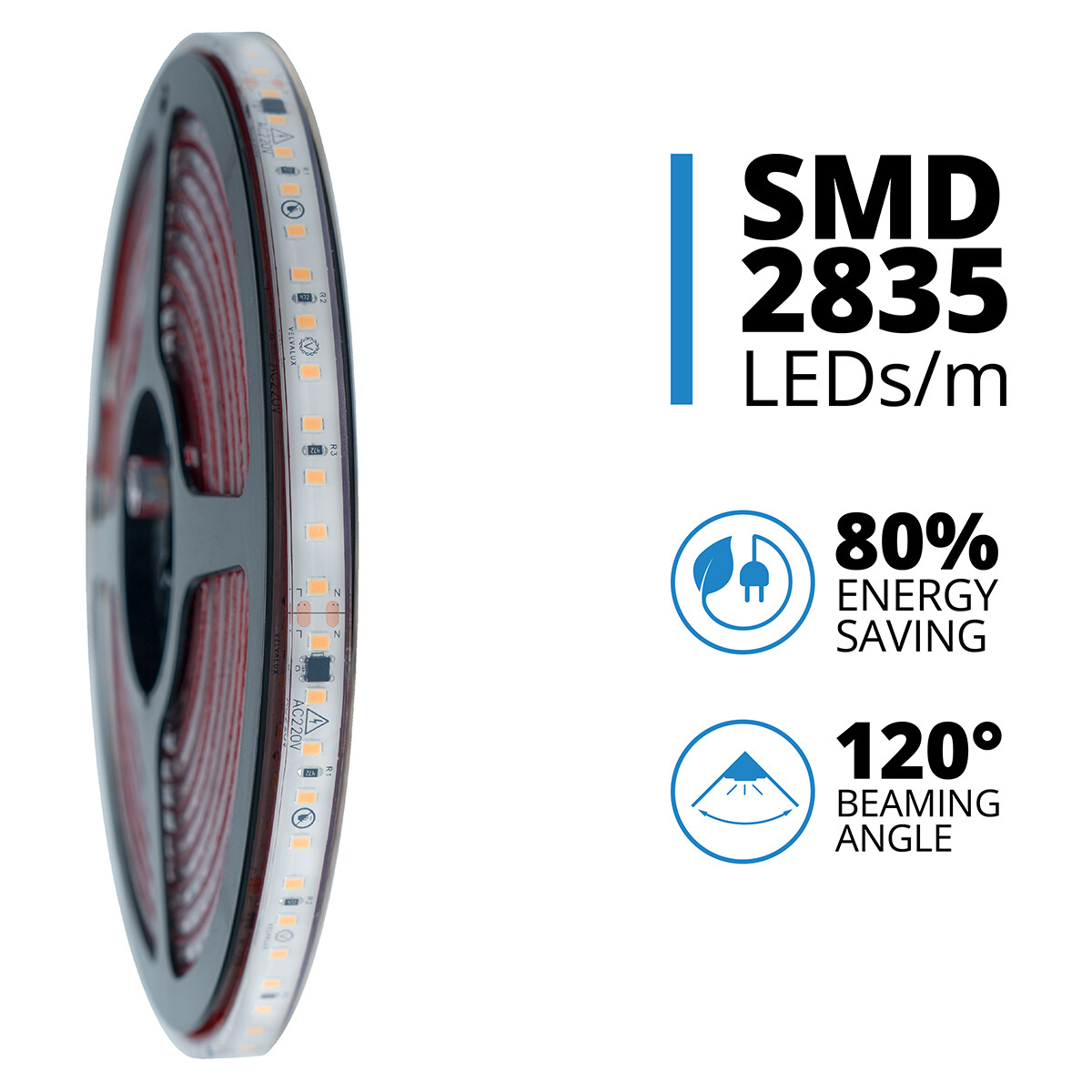 Bande LED - Velvalux - 5 Mètres - Blanc Chaud 3000K - Dimmable - Étanche IP67 - 9600 Lumens - 600 LEDs - Connexion Directe au Secteur - Fonctionne sans Driver