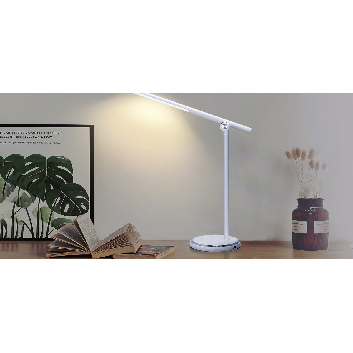 Lampe de bureau LED - Aigi Libo - 8W - Fonction de chargement USB - Couleur de lumière ajustable - Dimmable - Rectangle - Mat Blanc - Aluminium