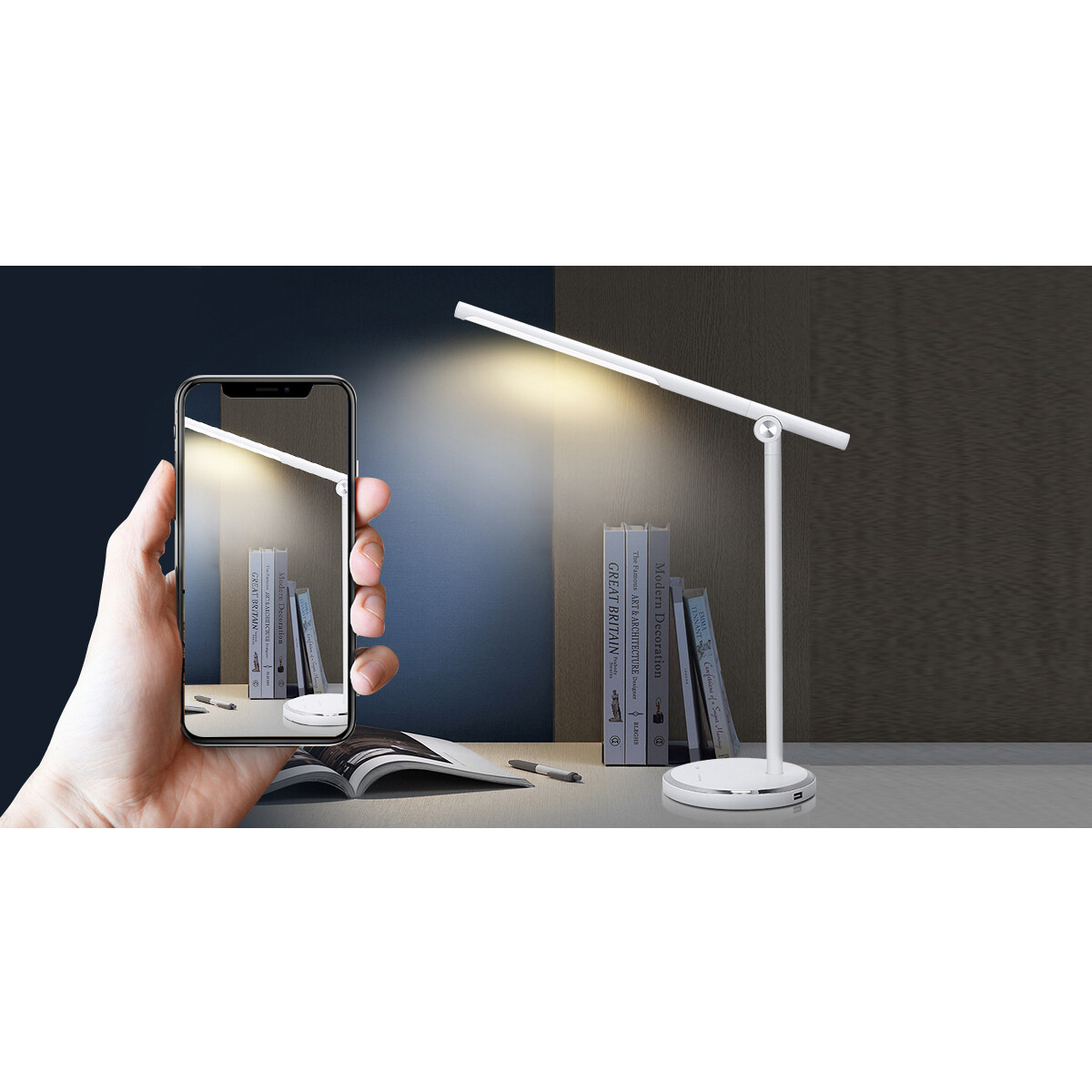 Lampe de bureau LED - Aigi Libo - 8W - Fonction de chargement USB - Couleur de lumière ajustable - Dimmable - Rectangle - Mat Blanc - Aluminium