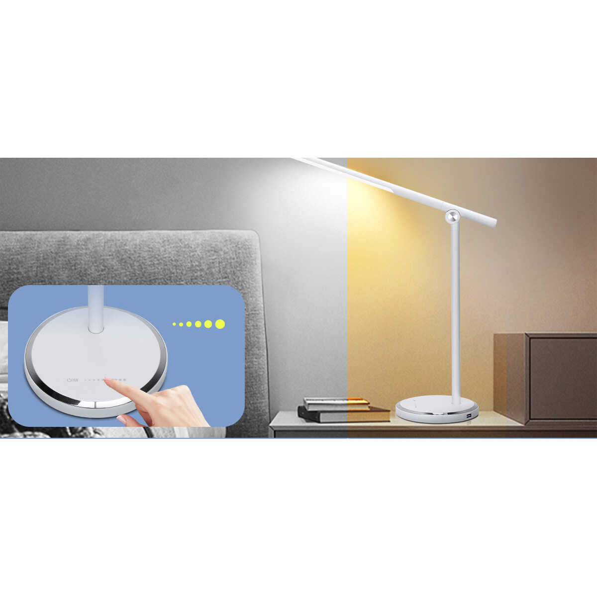 Lampe de bureau LED - Aigi Libo - 8W - Fonction de chargement USB - Couleur de lumière ajustable - Dimmable - Rectangle - Mat Blanc - Aluminium