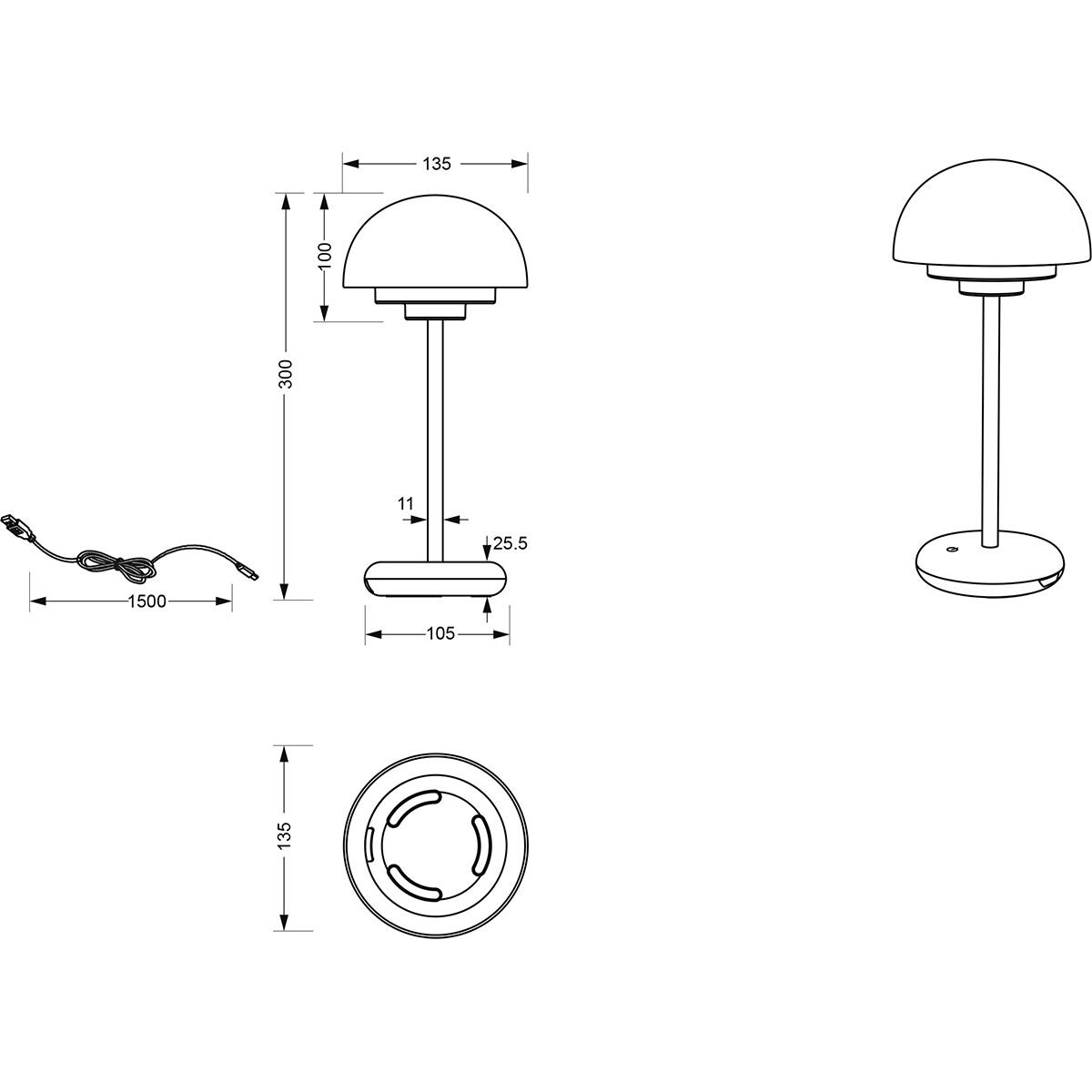 Lampe de Table LED avec Batteries Rechargeables - Trion Berna - 2W - Blanc Chaud 3000K - Étanche aux Éclaboussures IP44 - Dimmable - Rond - Mat Vert - Plastique