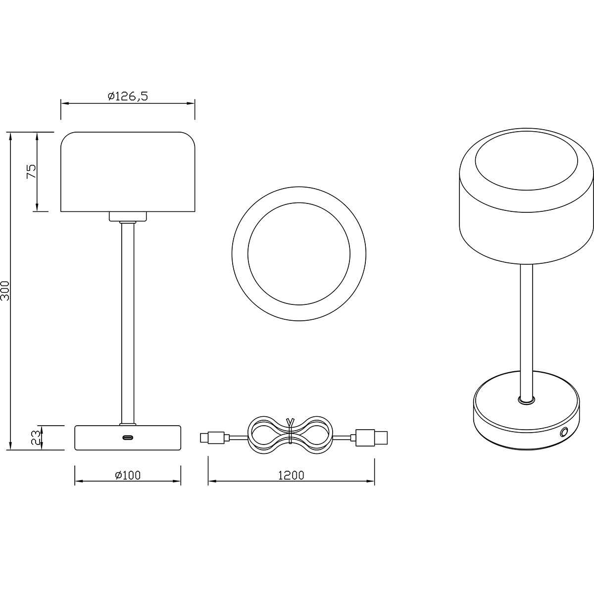 Lampe de Table avec Batteries Rechargeables - Trion Elf - 1.5W - Blanc Chaud 3000K - Noir Mat - Métal