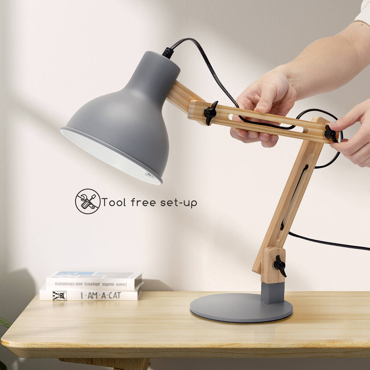 Lampe de bureau LED - Aigi Julia - Douille E27 - Rond - Mat Gris/Brun - Bois